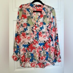 Rose & Olive Floral V-Neck Button Front Blouse in Red, Blue, Green, Pink